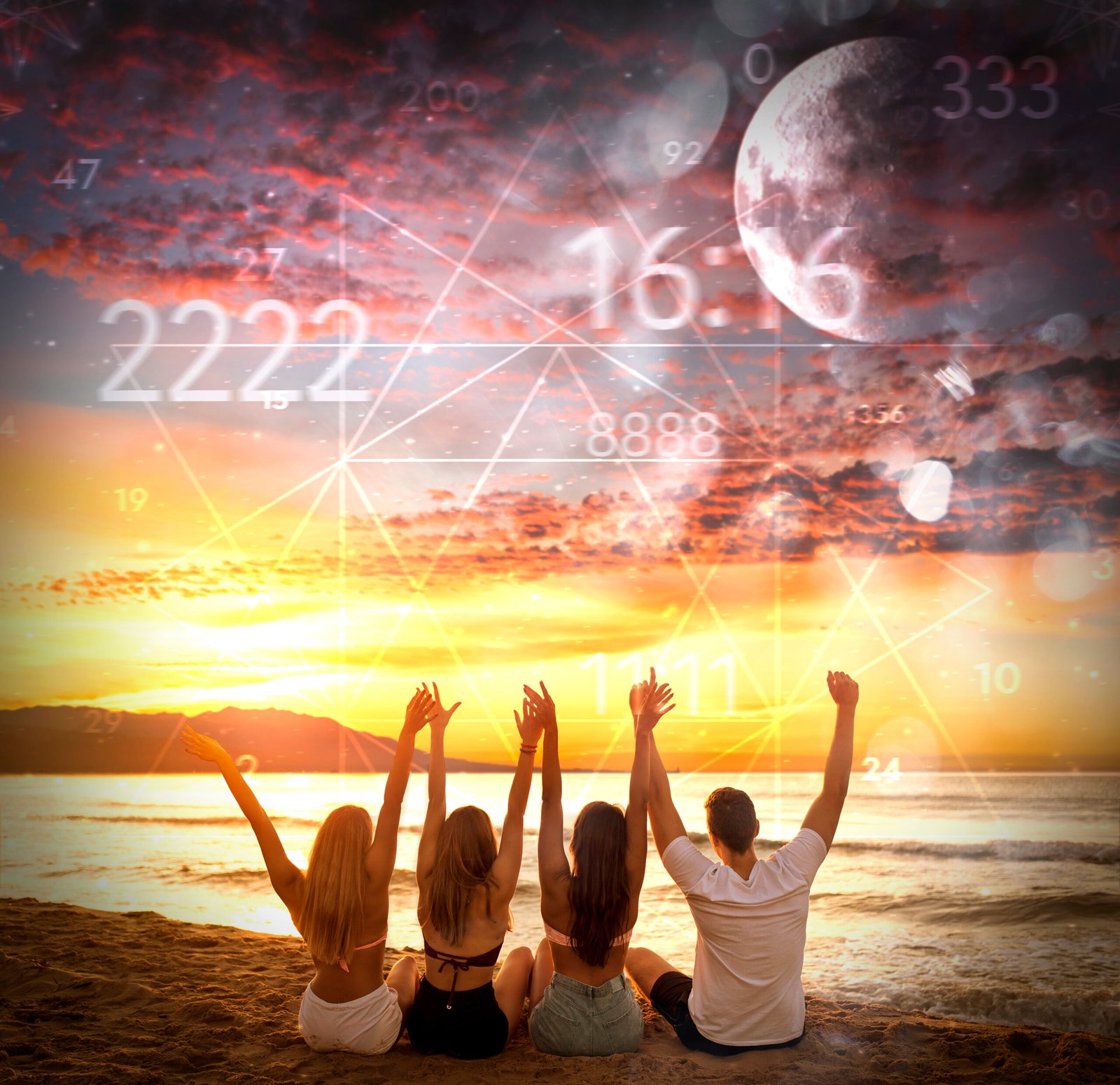 abstract numerology concept with friends beach