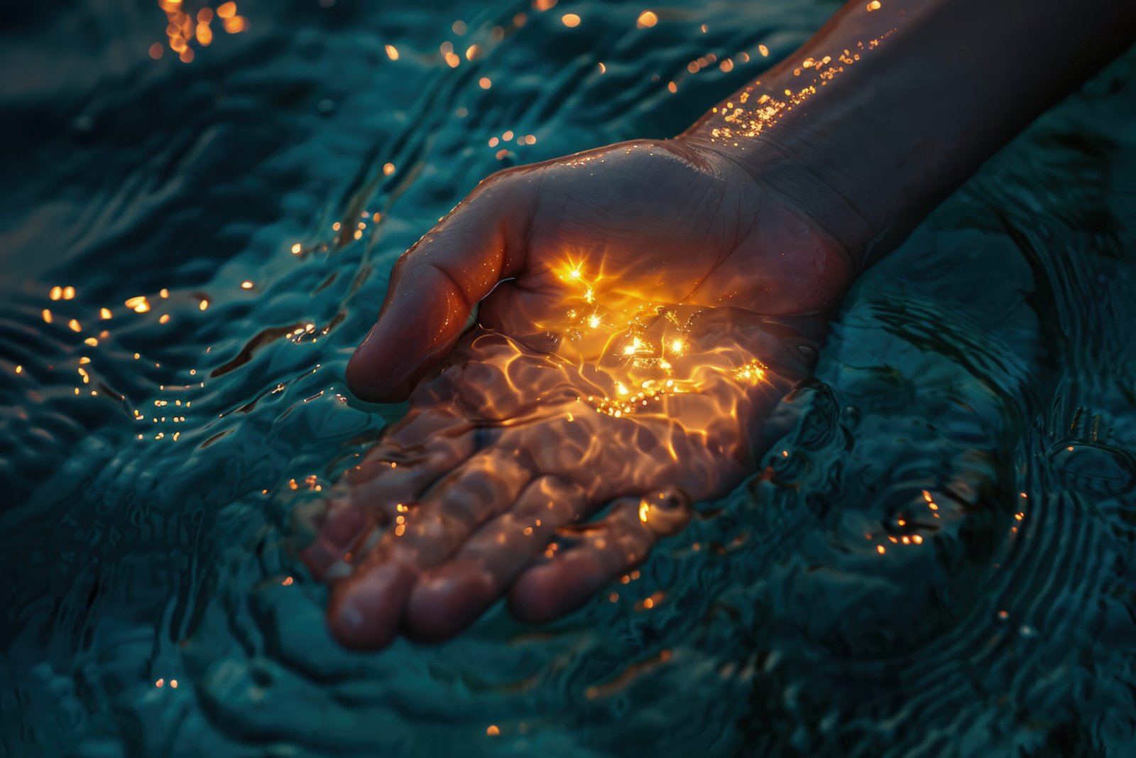 view realistic hand touching clear flowing water